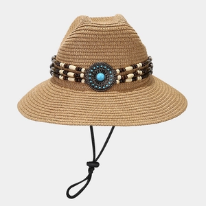 Retro Western straw sun hat with bohemian turquoise plate and beaded trim decoration
