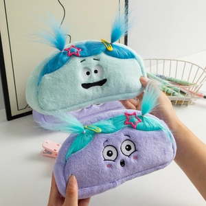 Cute fuzzy plush pencil case with funny cartoon face and colorful hair accessories