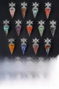 Detailed grid showing 13 colors of resin dowsing pendulums with Triple Goddess symbols