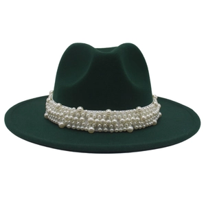 Deep green fedora hat with elegant multi-layer pearl band and wide wool felt brim