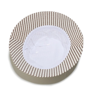 Detailed interior of striped sun hat showing white lining and adjustable drawstrings