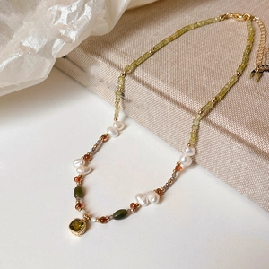 Vintage 18k gold plated necklace with green gemstones and freshwater pearls
