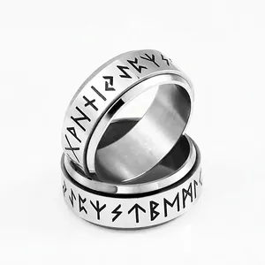 Stainless Steel Spinner Ring Nordic Rune Rotatable Band Decompression Viking Punk Style Unisex Jewelry