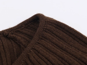 Detailed close-up of dark brown ribbed knit neckline showing high-quality stitching