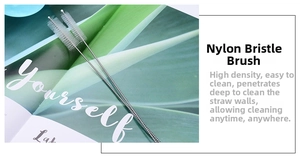Detailed view of high-density nylon straw cleaning brushes with stainless steel handles