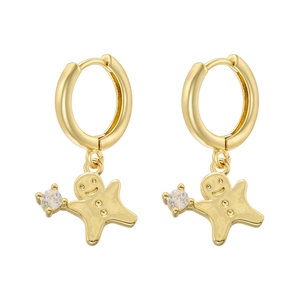 Golden gingerbread man hoop earrings with white zircon accents on white background