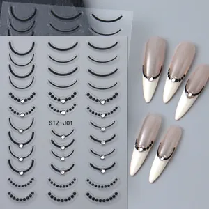 Stickers ongles French 5D gaufrés avec courbes noires et décorations en strass