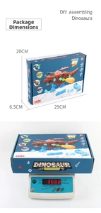 Detailed packaging dimensions and 368.8g weight display of DIY dinosaur toy set