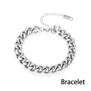 Chunky silver titanium steel Cuban chain bracelet for men with K18 stamp and lobster clasp