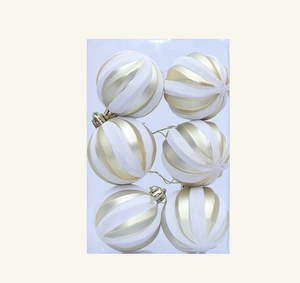 Set of six champagne gold and white glittered Christmas balls in a clear display box
