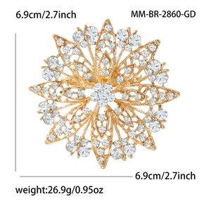 Detailed size display of gold sunflower brooch with rhinestones measuring 6.9cm in height