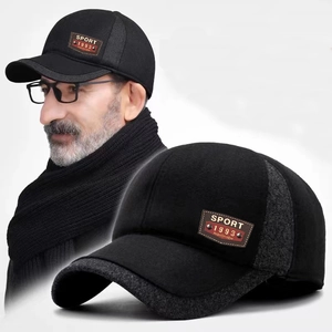 Casquette de baseball en laine d'hiver pour hommes avec protège-oreilles et patch cuir