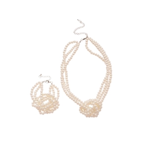 Three-layer knotted pearl necklace and bracelet jewelry set on white background