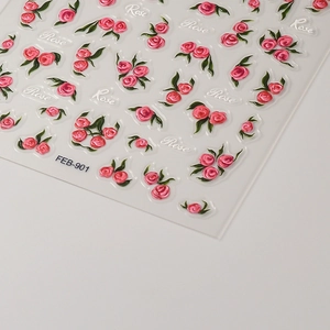 3D embossed pink rose nail stickers with green leaves and Rose text art, style FEB-901