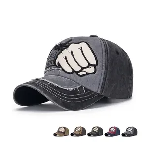 Washed Cotton Baseball Cap Distressed Retro Fist Stickerei Patchwork Verstellbarer Sonnenhut Für Herren Damen Streetwear