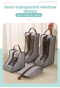 Detail of houndstooth shoe storage bags with transparent window and zipper closure
