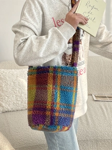 Chic autumn winter fuzzy shoulder bag with colorful checkered pattern and plush texture