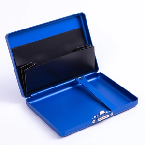Blue metallic cigarette case with flip lid and internal spring clamp for storage
