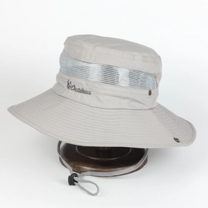 Outdoor grey sun hat with breathable mesh and wide brim for hiking and fishing