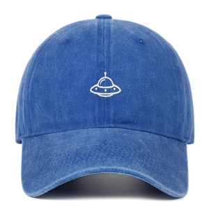 Vintage gewaschene marineblaue Baseballkappe mit weißer UFO Stickerei und gebogenem Rand