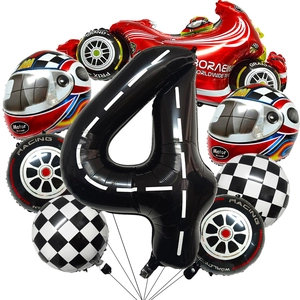 Racewagen folieballon set met nummer 4, banden en rode raceauto voor feestdecoratie