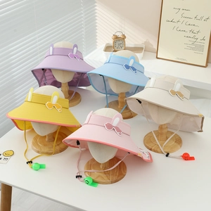 Kids sun visor hats with rabbit ears and whistle chin straps in five pastel colors