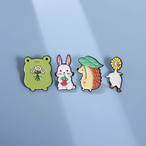 Cartoon Animal Enamel Brooch Pin Set Zinc Alloy Cute Frog Goose Rabbit Hedgehog Decorative Badge For Backpack Clothing Accessory Gift