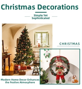 Detailed view of snowman wreath and reindeer figure for warm Christmas home decoration