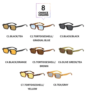 Collage of retro rectangular sunglasses in eight vibrant colors with quality frames