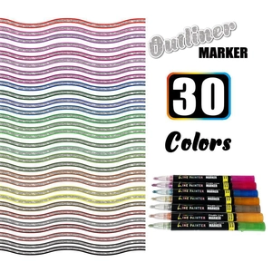 Macro display of 30 colors double line outline markers with silver metallic ink center