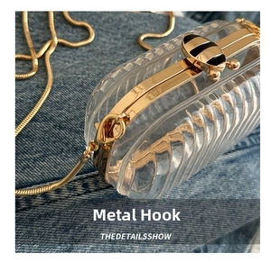 Detail of the golden metal hook and transparent acrylic striped texture of the mini bag
