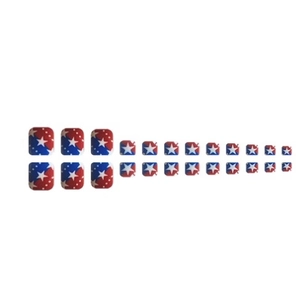 Short square press-on toenails with patriotic white stars and red blue polka dots design