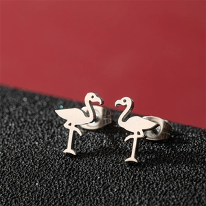 Pair of stainless steel flamingo stud earrings with polished silver finish for women