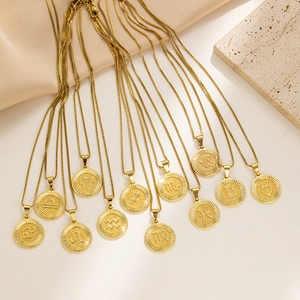 Collier Pendentif Signe du Zodiaque en Acier Inoxydable Rond Plaqué Or Douze Constellations Bijoux d'Astrologie pour Femmes