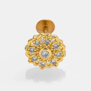 Piercing labret fleur dorée avec pétales en zircone et disque arrière plat