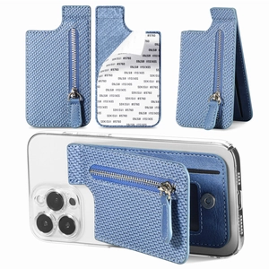 Universal blue woven phone card holder with zipper pocket and strong 3M adhesive back