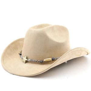 Close-up of khaki suede cowboy hat featuring star studs and bohemian beaded hat band