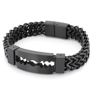 Men's black wheat chain bracelet featuring a unique vacuum plated razor blade pendant