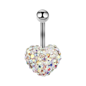 Detailed close-up of a silver belly ring featuring a sparkling heart-shaped AB rhinestone