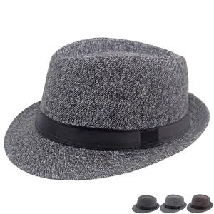 Classic men's herringbone wool fedora hat with wide black band and color options
