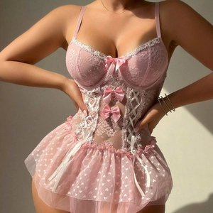 Nuisette Bodysuit Maille Jupe Bas Dentelle Armatures Coeur Imprimé Noeud Lacets Sexy Vêtements De Nuit Femmes