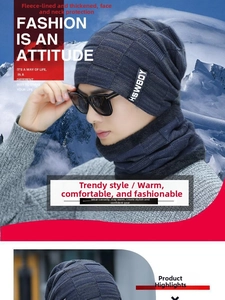Close-up of thick knitted beanie and neck warmer set with fleece lining for winter outdoor use