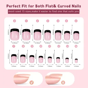 Size chart showing 15 different dimensions for pink and black French press-on nails