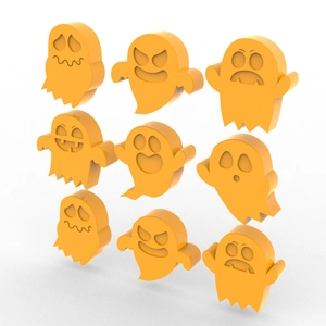 Detail view of nine orange Halloween ghost silicone molds with various expressions