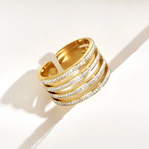 Macro detail of multi-layer gold plated ring with paved crystals and adjustable open band
