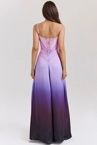 Detail of the elegant back corset lace-up closure on the purple gradient evening dress