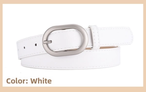 Close-up of white leather belt with matte silver oval buckle and precise stitching
