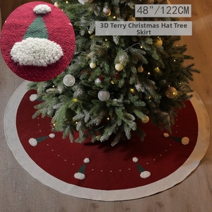 Detail of 48 inch red knit Christmas tree skirt with 3D boucle Santa hat patterns