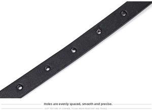 Detailed macro view of black cowhide leather belt showing smooth texture and even holes