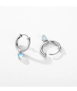 Close-up of S925 sterling silver hoop earrings featuring blue heart moonstone pendants